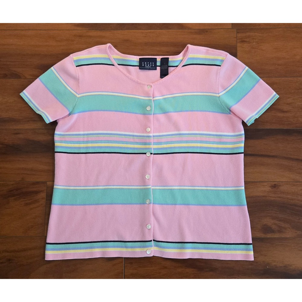Vtg Crazy Horse Liz Claiborne Pink Striped Short Sleeve Cardigan Sweater Large L